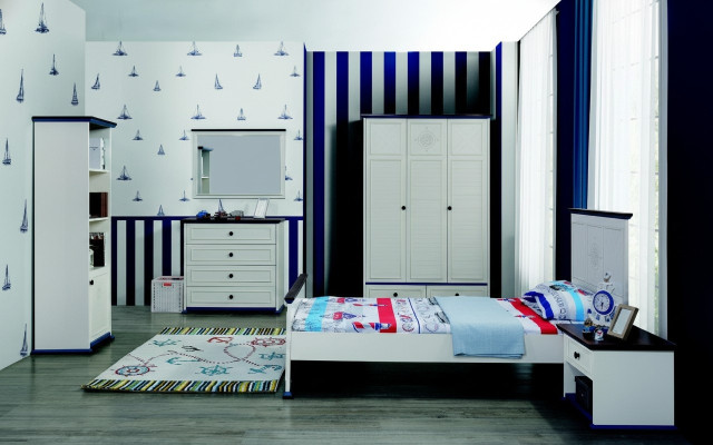 Habitación infantil Conjunto completo Cama Mesita de noche Armario Cómoda Espejo 6 piezas