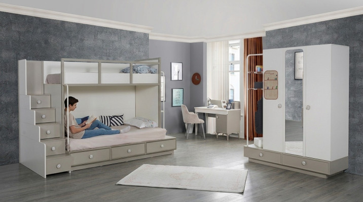 Juego de dormitorio infantil de madera con litera, cama alta y mesa de 3 piezas.