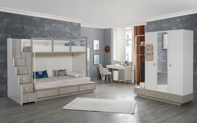 Juego de dormitorio infantil de madera con litera, cama alta y mesa de 3 piezas.