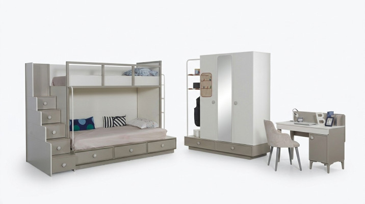 Juego de dormitorio infantil de madera con litera, cama alta y mesa de 3 piezas.