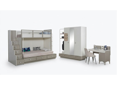 Juego de dormitorio infantil de madera con litera, cama alta y mesa de 3 piezas.