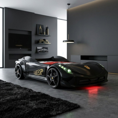 Muebles para niños Cama Dormitorio Coche de carreras Carro de madera Camas Negras Nuevas