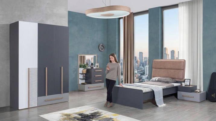 Conjunto de dormitorio juvenil gris cama mesita de noche armario diseño nuevo 4 piezas.