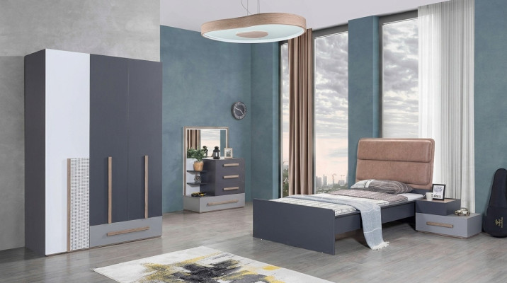 Conjunto de dormitorio juvenil gris cama mesita de noche armario diseño nuevo 4 piezas.