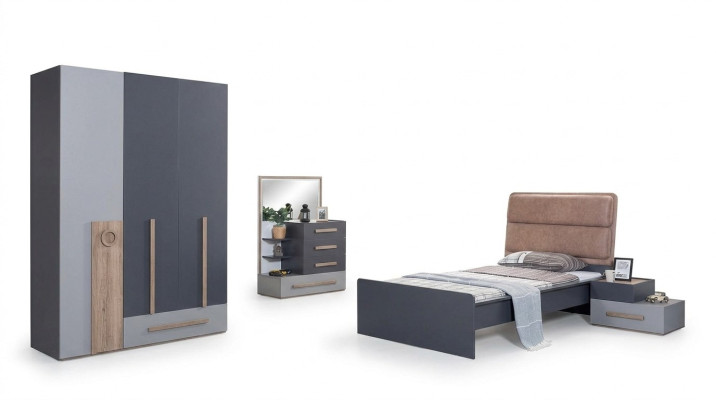 Conjunto de dormitorio juvenil gris cama mesita de noche armario diseño nuevo 4 piezas.