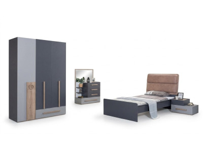 Conjunto de dormitorio juvenil gris cama mesita de noche armario diseño nuevo 4 piezas.
