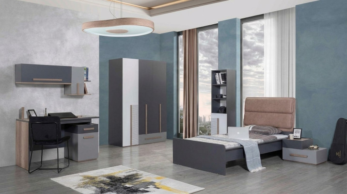 Habitación juvenil gris, armario, estantería, cama infantil, 5 piezas