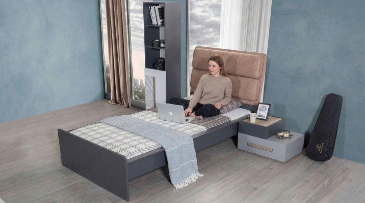 Cama habitación juvenil Camas Dormitorio Muebles Cama individual Mobiliario Gris