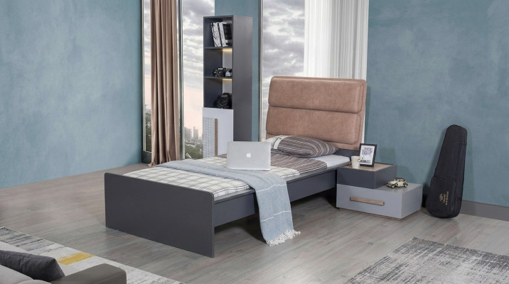 Cama habitación juvenil Camas Dormitorio Muebles Cama individual Mobiliario Gris