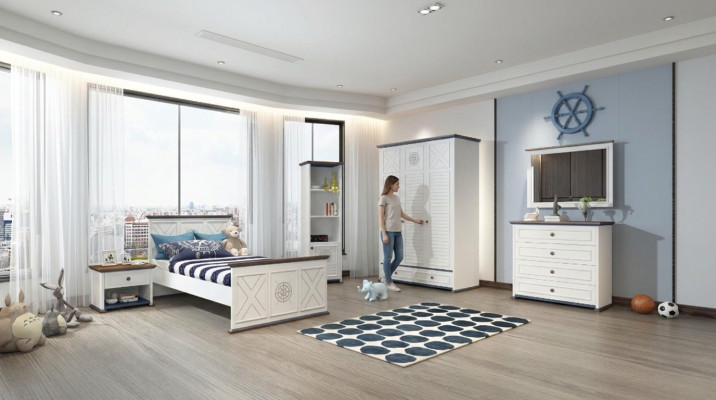 Habitación juvenil completa Cama individual Armario Cómoda con espejo Diseño 6 piezas