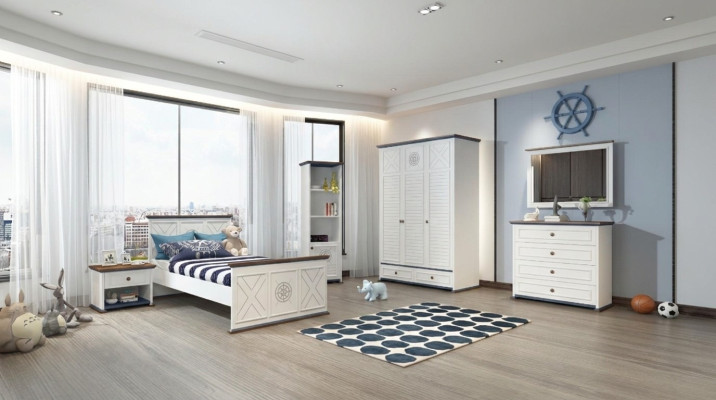 Habitación juvenil completa Cama individual Armario Cómoda con espejo Diseño 6 piezas