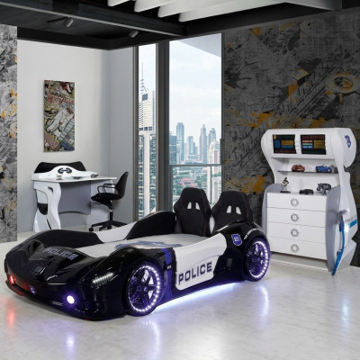 Coche de policía Habitación infantil Cama infantil Cómoda Escritorio Juego de 3 piezas