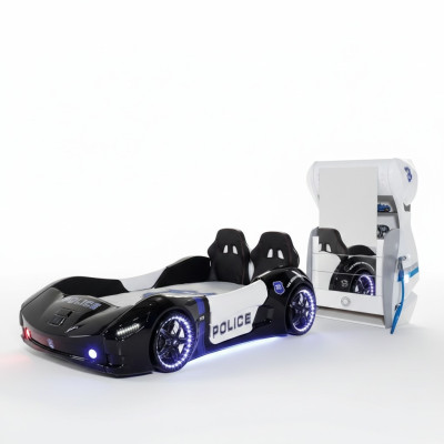 Coche de policía Habitación infantil Cama infantil Cómoda Escritorio Juego de 3 piezas