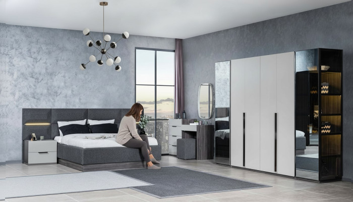 Dormitorio Cama Mesitas de noche Armario Cómoda con espejo Set de muebles de 5 piezas