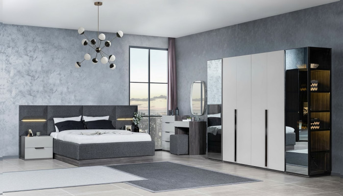 Dormitorio Cama Mesitas de noche Armario Cómoda con espejo Set de muebles de 5 piezas
