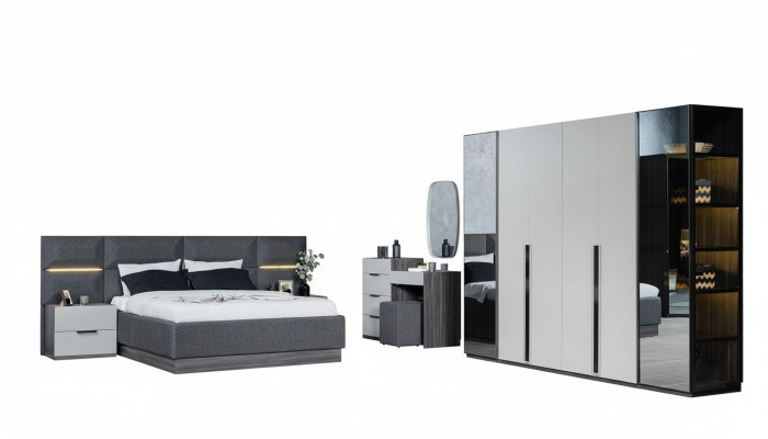 Dormitorio Cama Mesitas de noche Armario Cómoda con espejo Set de muebles de 5 piezas