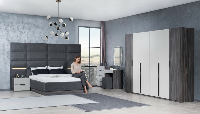 Dormitorio Cama Mesita de noche Armario Cómoda con espejo Conjunto de muebles de 5 piezas