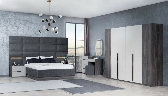 Dormitorio Cama Mesita de noche Armario Cómoda con espejo Conjunto de muebles de 5 piezas