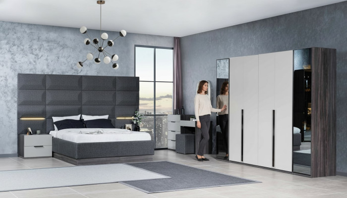 Dormitorio Cama Mesita de noche Armario Cómoda con espejo Muebles Madera Lujo