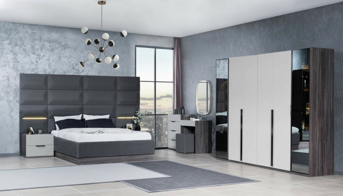 Dormitorio Cama Mesita de noche Armario Cómoda con espejo Muebles Madera Lujo