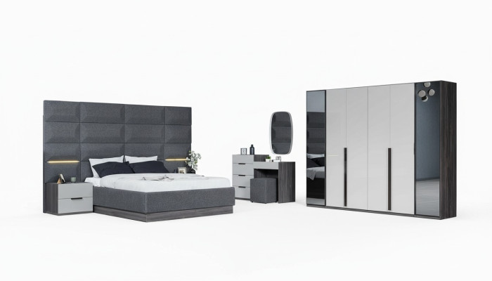 Dormitorio Cama Mesita de noche Armario Cómoda con espejo Muebles Madera Lujo