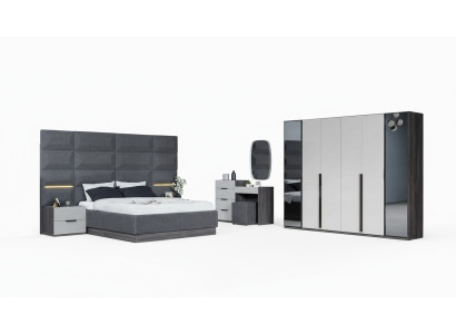 Dormitorio Cama Mesita de noche Armario Cómoda con espejo Muebles Madera Lujo