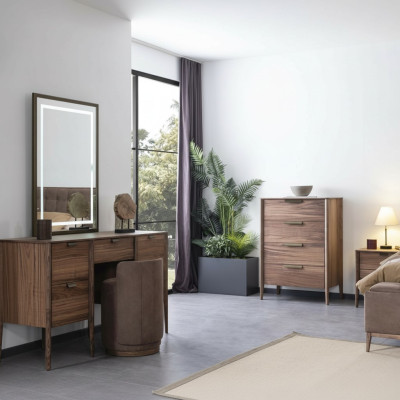 Juego de tocador con consola y espejo de madera para muebles de dormitorio con diseño de taburete.