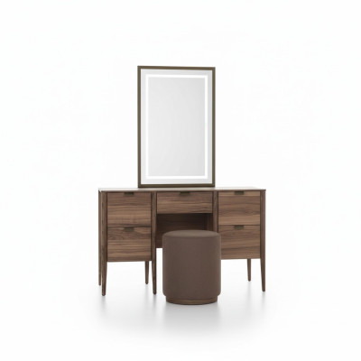 Juego de tocador con consola y espejo de madera para muebles de dormitorio con diseño de taburete.