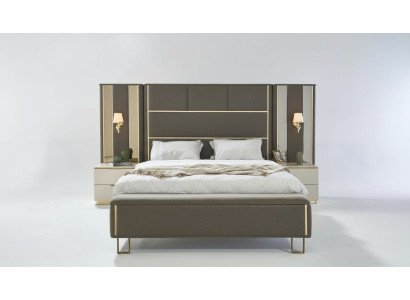 Cama Cama doble 2 mesitas de noche Diseño de madera Camas Dormitorio Acolchado Conjunto de 3 piezas