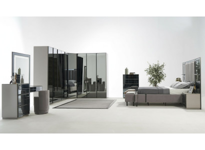 Cama de lujo de cristal para dormitorio, mesita de noche, armario de esquina, cómoda, espejo, taburete gris.