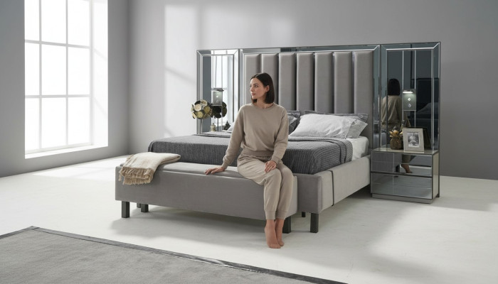 Dormitorio Set Cama 2x Mesilla de noche Taburete Doble Camas Muebles tapizados 4 piezas. Nuevo