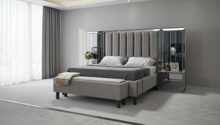 Dormitorio Set Cama 2x Mesilla de noche Taburete Doble Camas Muebles tapizados 4 piezas. Nuevo