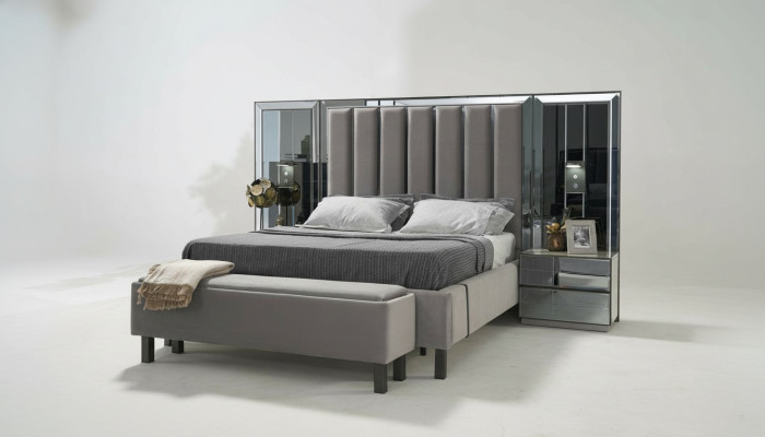 Dormitorio Set Cama 2x Mesilla de noche Taburete Doble Camas Muebles tapizados 4 piezas. Nuevo