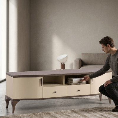 mueble de tv de madera estético en tonos beige