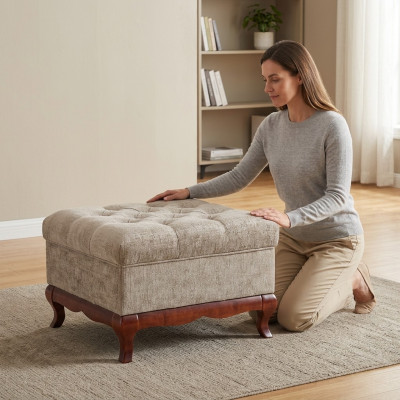 Taburete Diseñador Chesterfield Reposapiés Textil Beige Banco Acolchado Tela