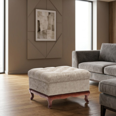 Taburete Diseñador Chesterfield Reposapiés Textil Beige Banco Acolchado Tela