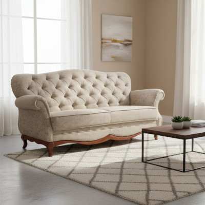 Chesterfield sofá de tres plazas tapizado en tela de muebles.