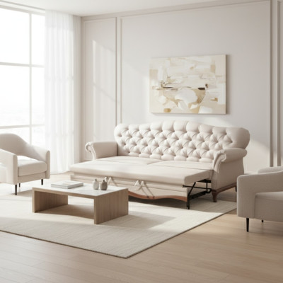 Sofá cama Chesterfield con función de cama, sofá de tres plazas en tela.