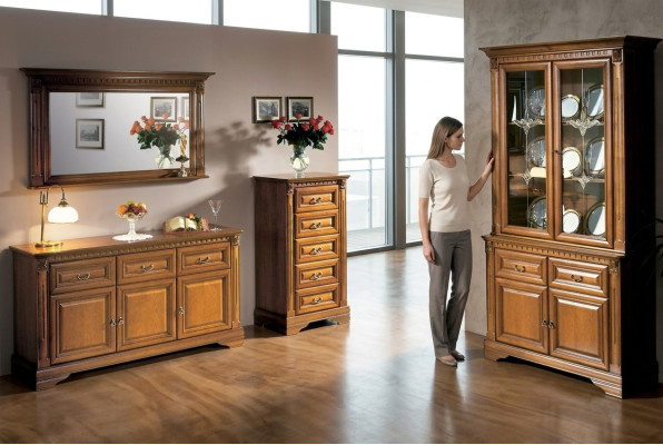 Conjunto clásico italiano de mueble de salón, cómoda de espejo, 3 piezas de madera.