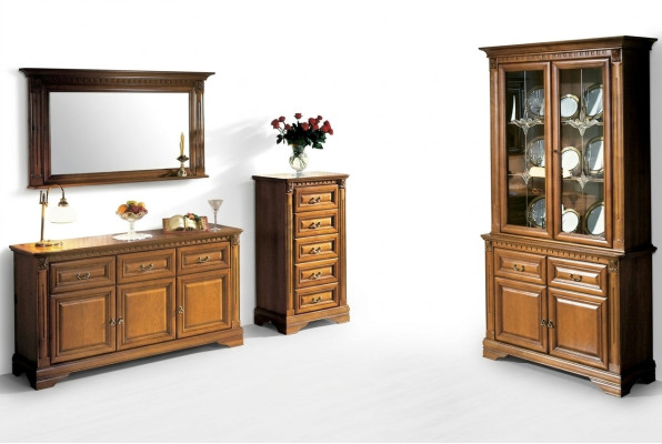 Conjunto clásico italiano de mueble de salón, cómoda de espejo, 3 piezas de madera.