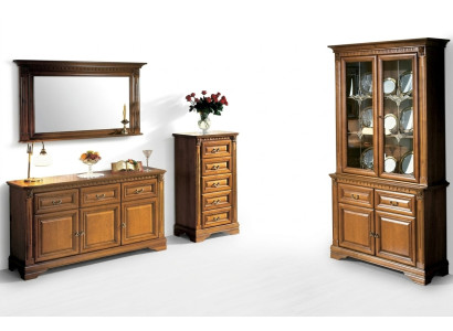 Conjunto clásico italiano de mueble de salón, cómoda de espejo, 3 piezas de madera.
