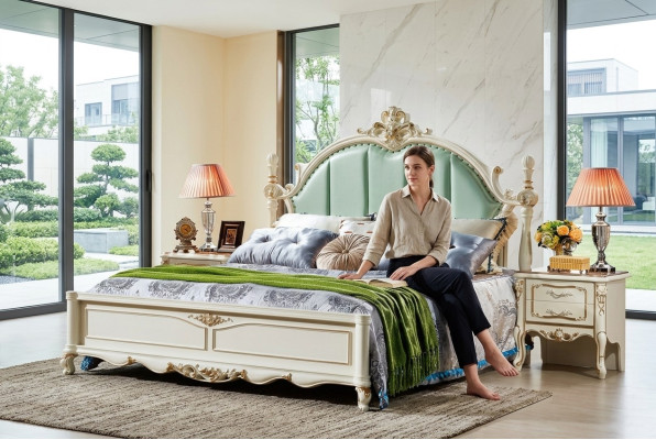 Dormitorio clásico Cama Muebles Madera Cuero Camas Barroco Rococó.