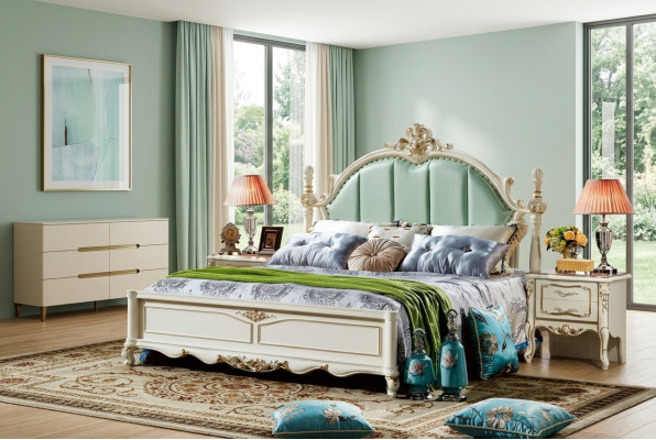 Dormitorio clásico Cama Muebles Madera Cuero Camas Barroco Rococó.