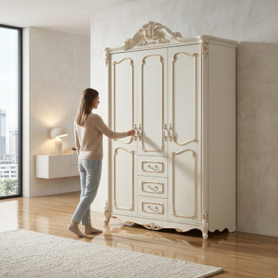 Armario de tres puertas blanco de estilo barroco rococó Armarios de madera