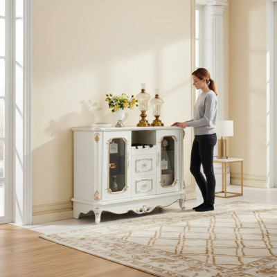 Clásica vitrina de aparador de vidrio, mueble de cómoda, vitrina, armario barroco.