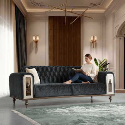 Lujo sofá de tres plazas 3 plazas, sofás de diseño de tela beige textil negro.
