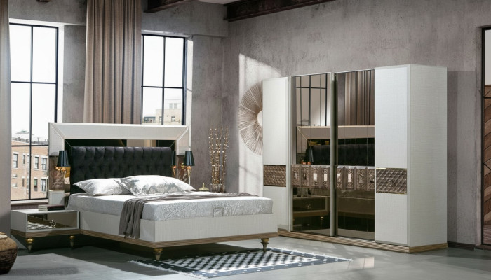 Dormitorio Set Cama 2x Mesitas de noche Textil Armario moderno de 4 piezas.