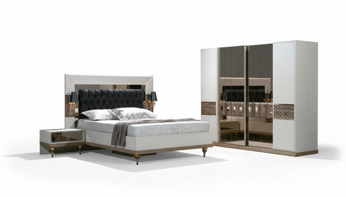 Dormitorio Set Cama 2x Mesitas de noche Textil Armario moderno de 4 piezas.