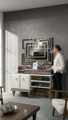 Muebles de dormitorio, diseño de tocador con espejo, aparador de madera, consola.