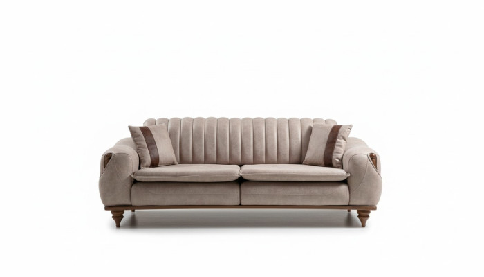 Sofá Chesterfield de tres plazas en beige, tapizado en tela de muebles de tela.
